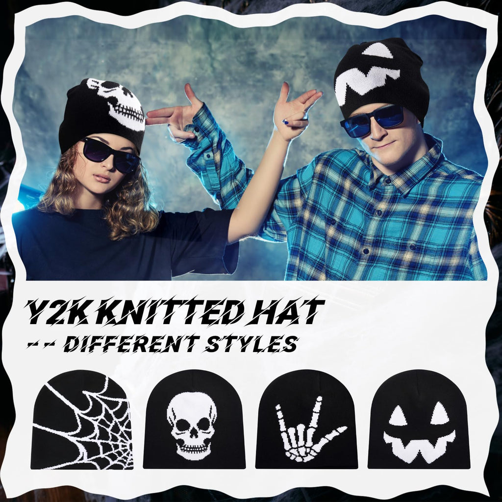 Ramede 4 Pcs Y2k Beanie - Double Sided Graphic Beanies for Men and Women, Acrylic Knitted Y2k Hats Accessories