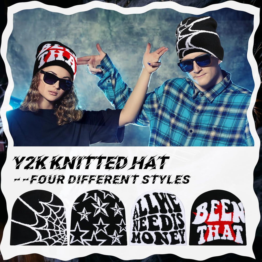 Ramede 4 Pcs Y2k Beanie - Double Sided Graphic Beanies for Men and Women, Acrylic Knitted Y2k Hats Accessories