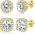 18K Gold Plated Halo Stud Earrings 925 Sterling Silver Cubic Zirconia Stud Earrings Round Square Diamonique Stud Earrings Set for Women Men