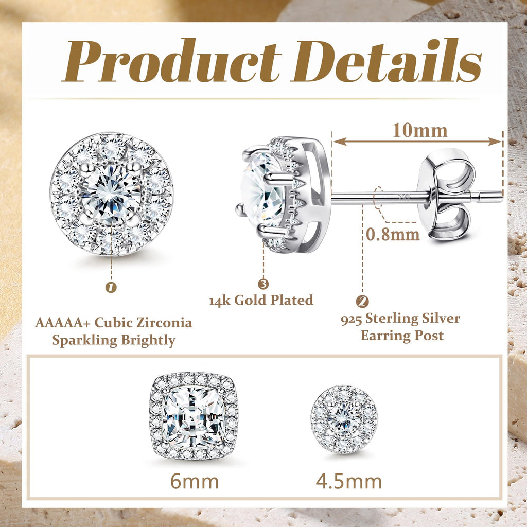 18K Gold Plated Halo Stud Earrings 925 Sterling Silver Cubic Zirconia Stud Earrings Round Square Diamonique Stud Earrings Set for Women Men