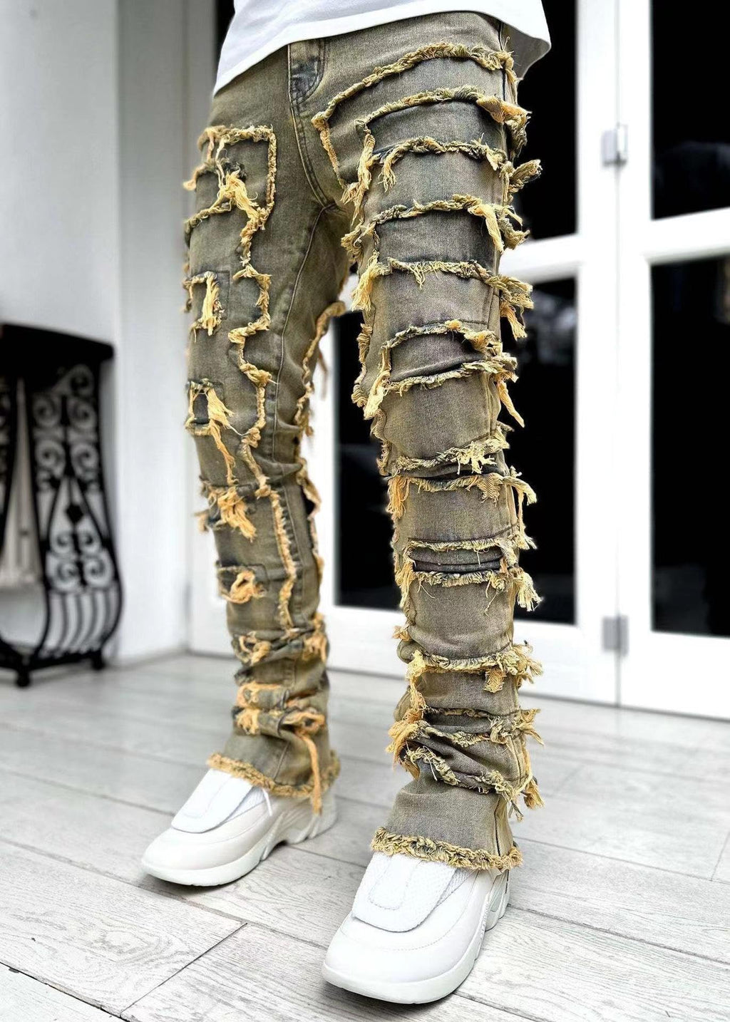 YEOU Men's Stacked Skinny Jeans - Y2K Harajuku Style Ripped Denim Pants with High Waist