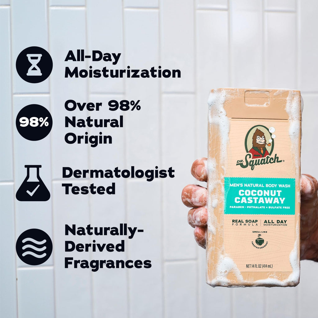 Dr. Squatch Natural Men's Body Wash Shower Gel - Cleansing, Nourishing, Long Lasting Scent, Moisturizing Body Wash for Men - Birchwood Breeze + Rainforest Rapids (14 oz, 2-Pack)