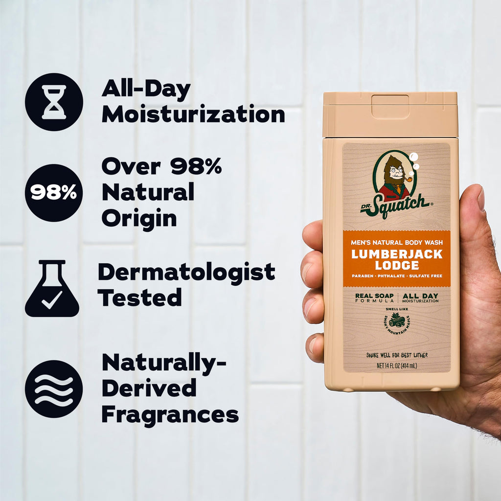 Dr. Squatch Natural Men's Body Wash Shower Gel - Cleansing, Nourishing, Long Lasting Scent, Moisturizing Body Wash for Men - Birchwood Breeze + Rainforest Rapids (14 oz, 2-Pack)
