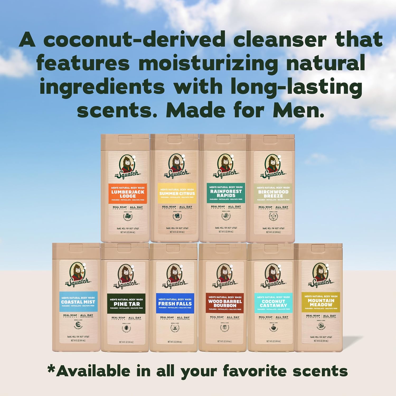 Dr. Squatch Natural Men's Body Wash Shower Gel - Cleansing, Nourishing, Long Lasting Scent, Moisturizing Body Wash for Men - Birchwood Breeze + Rainforest Rapids (14 oz, 2-Pack)