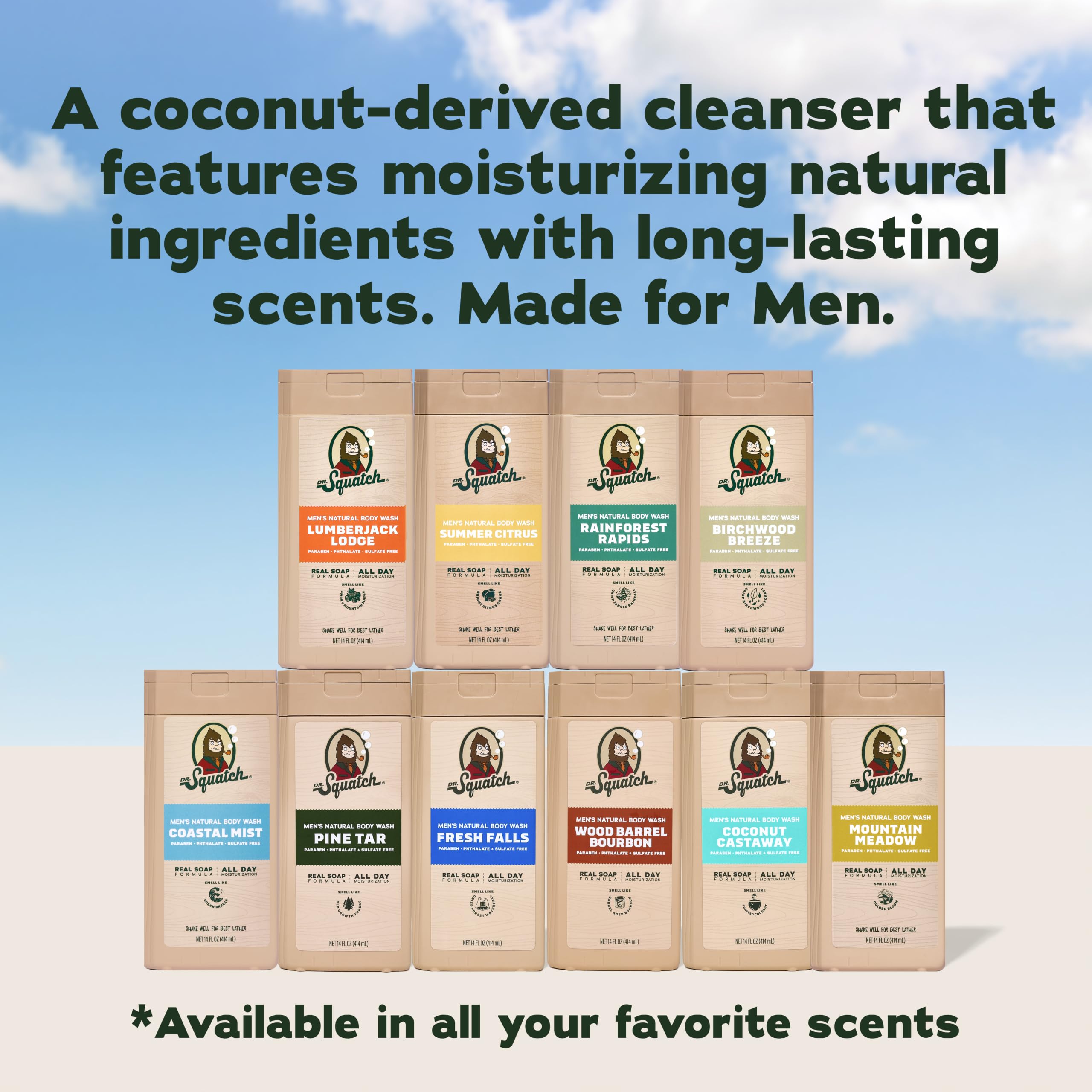 Dr. Squatch Natural Men's Body Wash Shower Gel - Cleansing, Nourishing, Long Lasting Scent, Moisturizing Body Wash for Men - Birchwood Breeze + Rainforest Rapids (14 oz, 2-Pack)