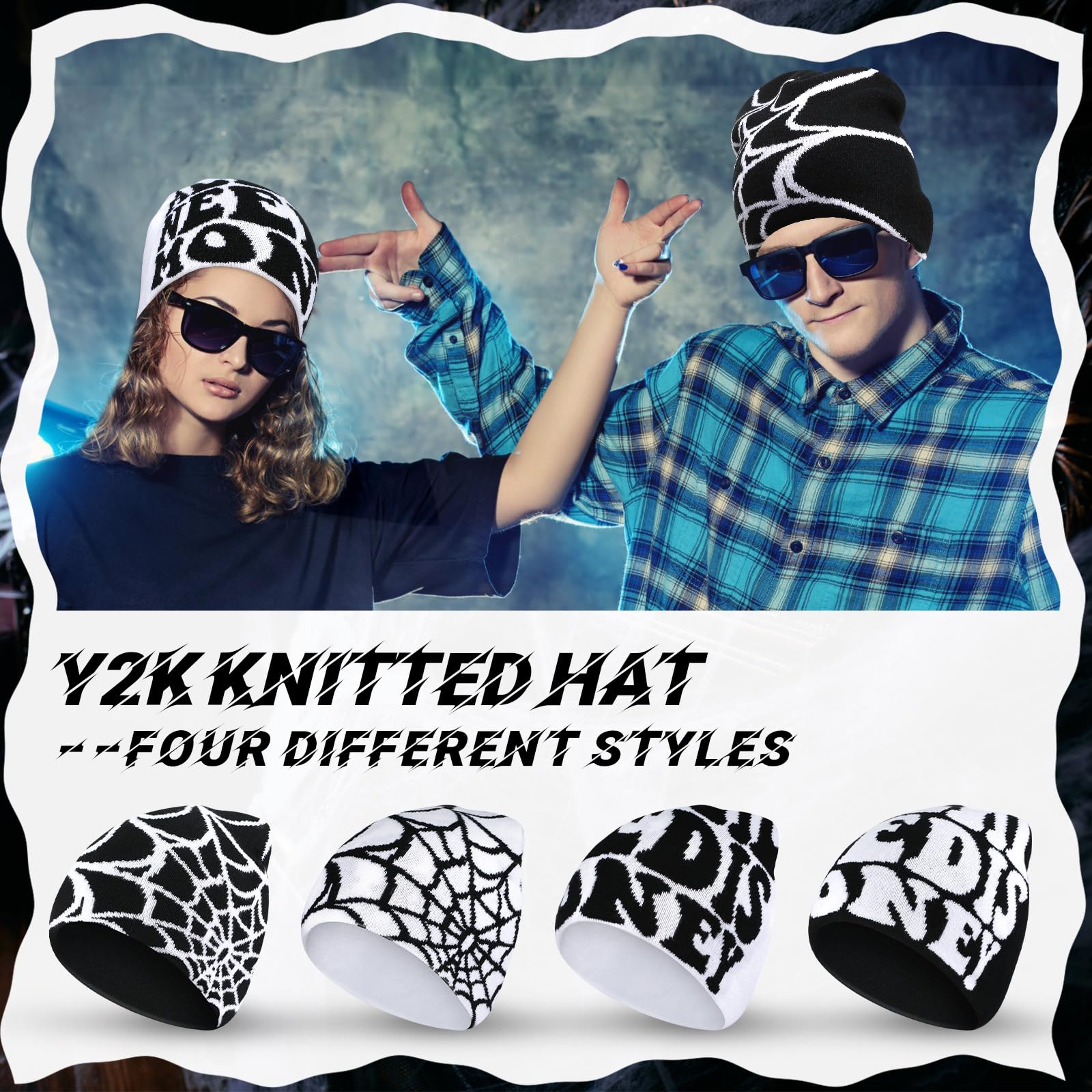 Ramede 4 Pcs Y2k Beanie - Double Sided Graphic Beanies for Men and Women, Acrylic Knitted Y2k Hats Accessories