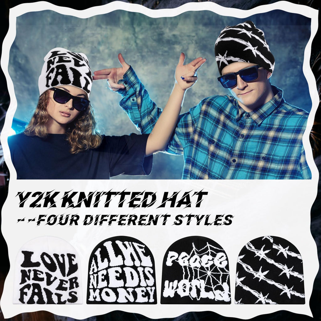 Ramede 4 Pcs Y2k Beanie - Double Sided Graphic Beanies for Men and Women, Acrylic Knitted Y2k Hats Accessories