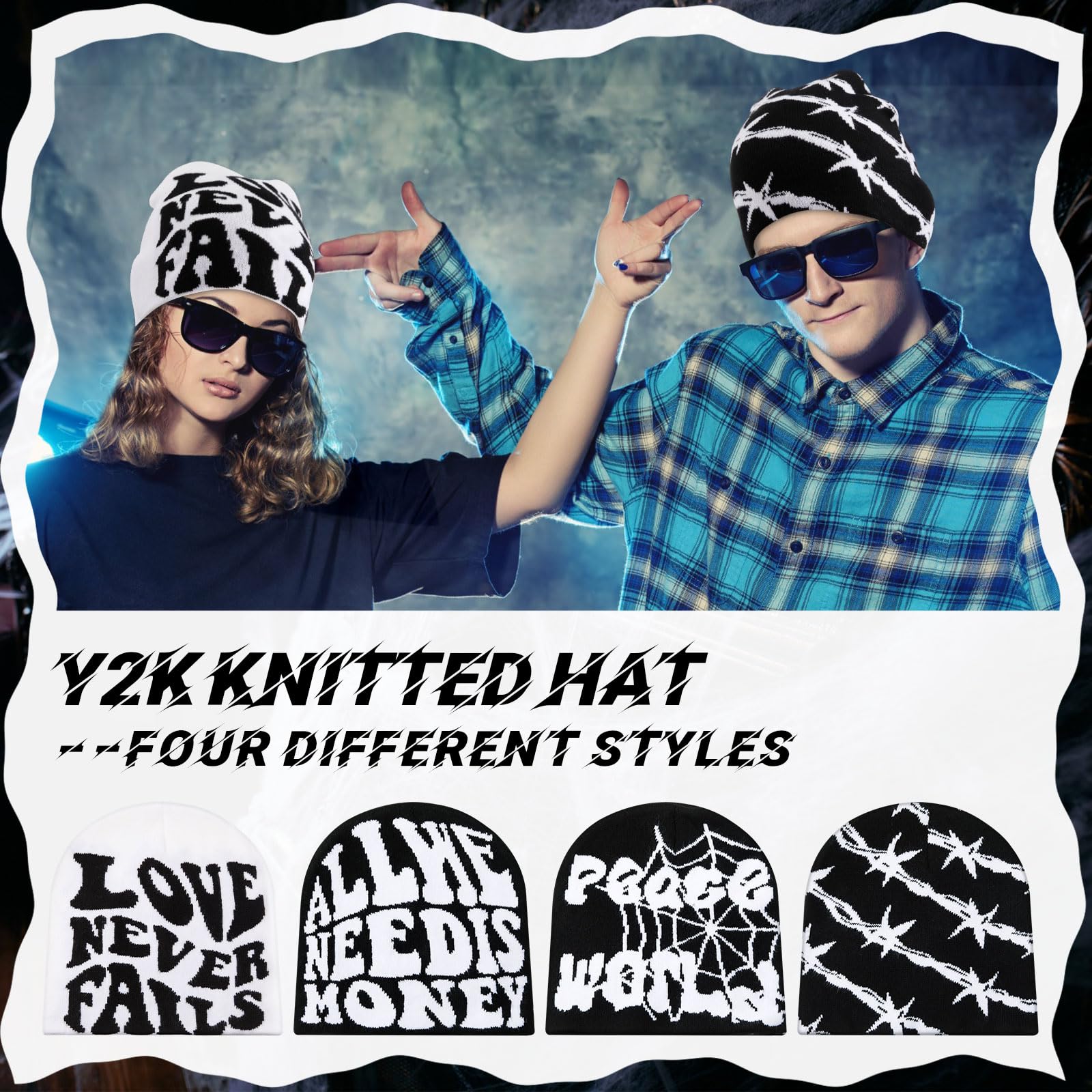 Ramede 4 Pcs Y2k Beanie - Double Sided Graphic Beanies for Men and Women, Acrylic Knitted Y2k Hats Accessories