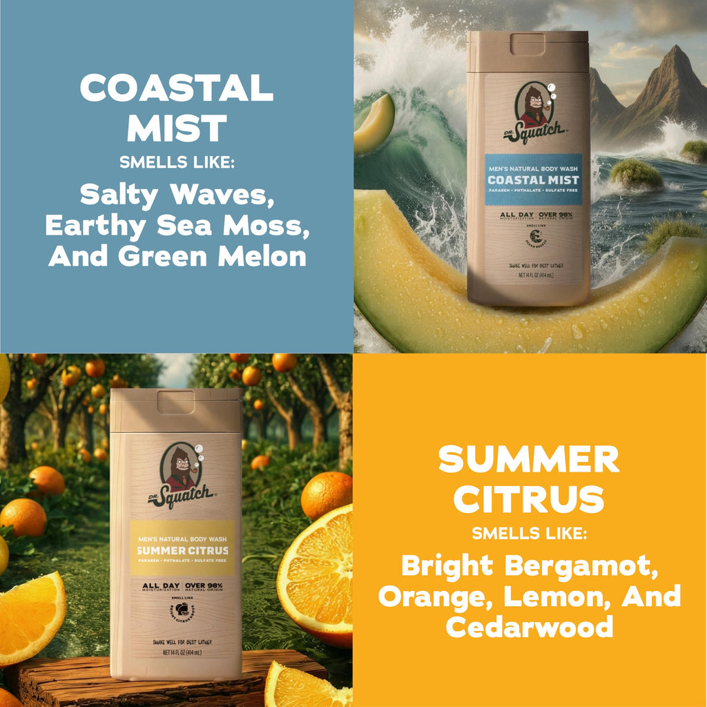 Dr. Squatch Natural Men's Body Wash Shower Gel - Cleansing, Nourishing, Long Lasting Scent, Moisturizing Body Wash for Men - Birchwood Breeze + Rainforest Rapids (14 oz, 2-Pack)