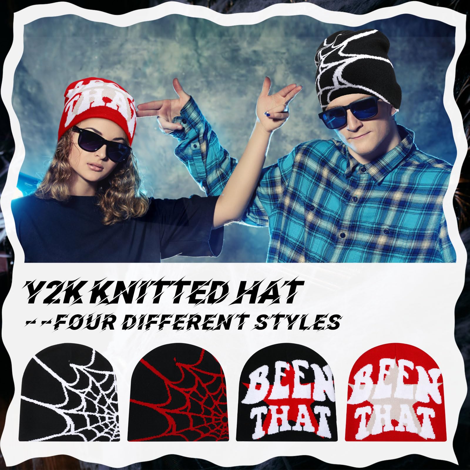 Ramede 4 Pcs Y2k Beanie - Double Sided Graphic Beanies for Men and Women, Acrylic Knitted Y2k Hats Accessories