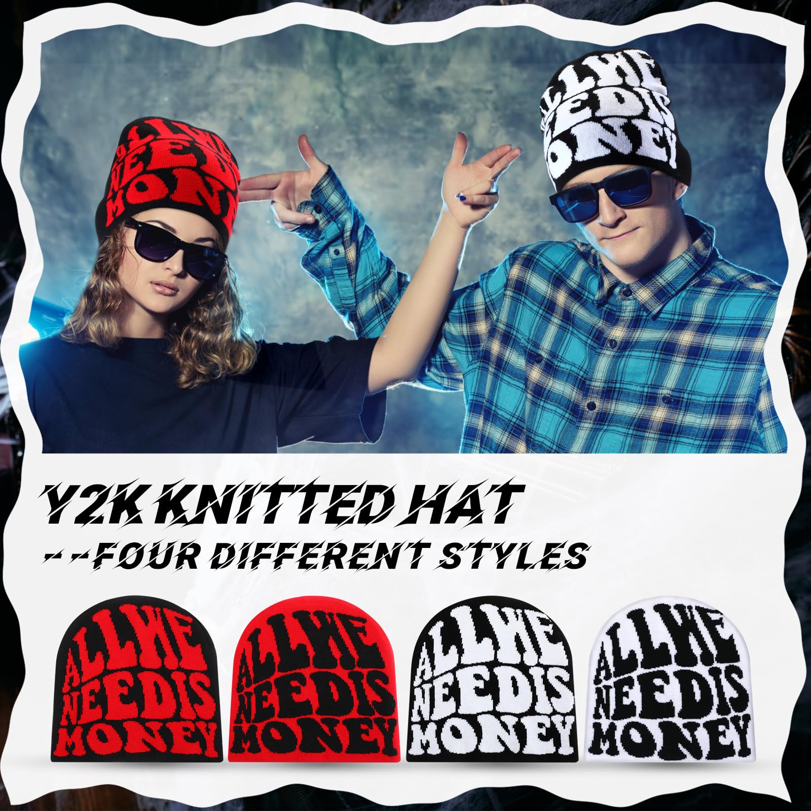 Ramede 4 Pcs Y2k Beanie - Double Sided Graphic Beanies for Men and Women, Acrylic Knitted Y2k Hats Accessories