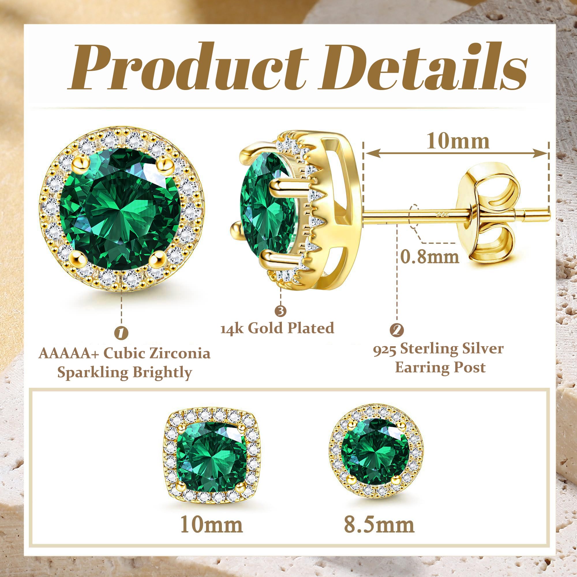 18K Gold Plated Halo Stud Earrings 925 Sterling Silver Cubic Zirconia Stud Earrings Round Square Diamonique Stud Earrings Set for Women Men