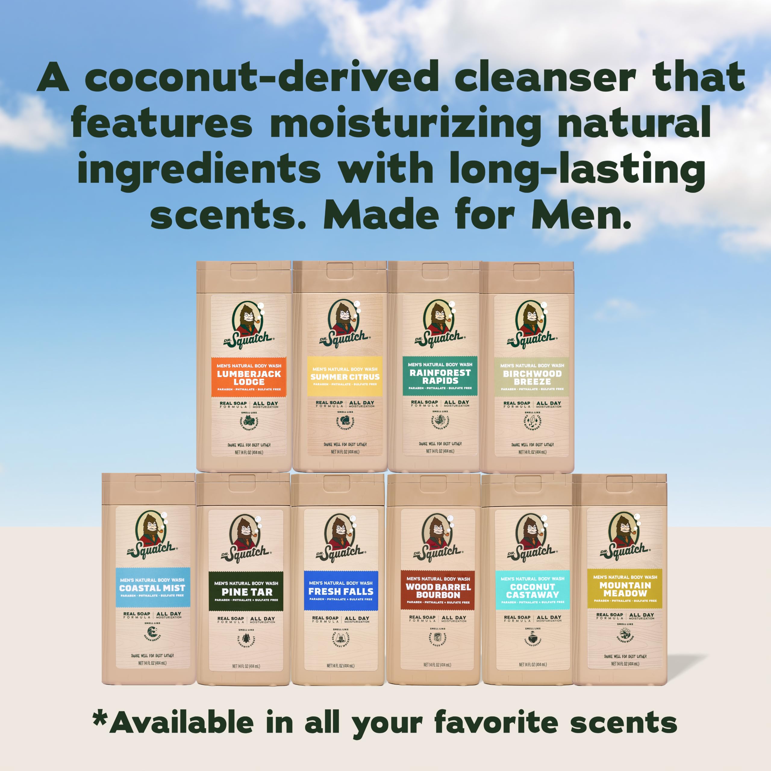 Dr. Squatch Natural Men's Body Wash Shower Gel - Cleansing, Nourishing, Long Lasting Scent, Moisturizing Body Wash for Men - Birchwood Breeze + Rainforest Rapids (14 oz, 2-Pack)