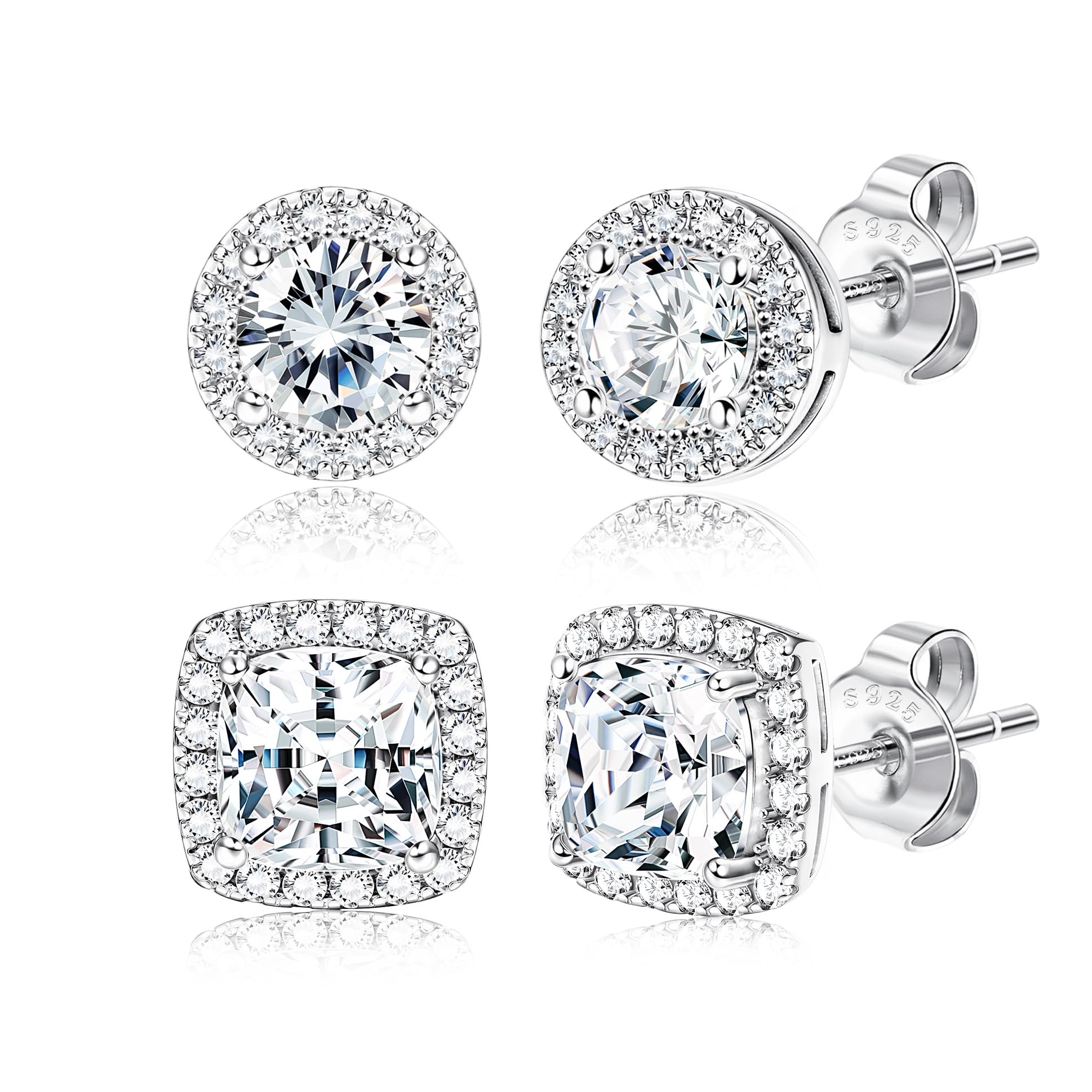 18K Gold Plated Halo Stud Earrings 925 Sterling Silver Cubic Zirconia Stud Earrings Round Square Diamonique Stud Earrings Set for Women Men
