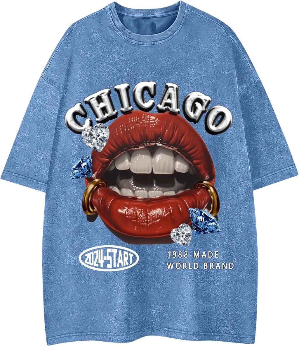 WDIRARA Men's Lip Graphic Tee Shirt Vintage Hip Hop Y2k Streetwear Top