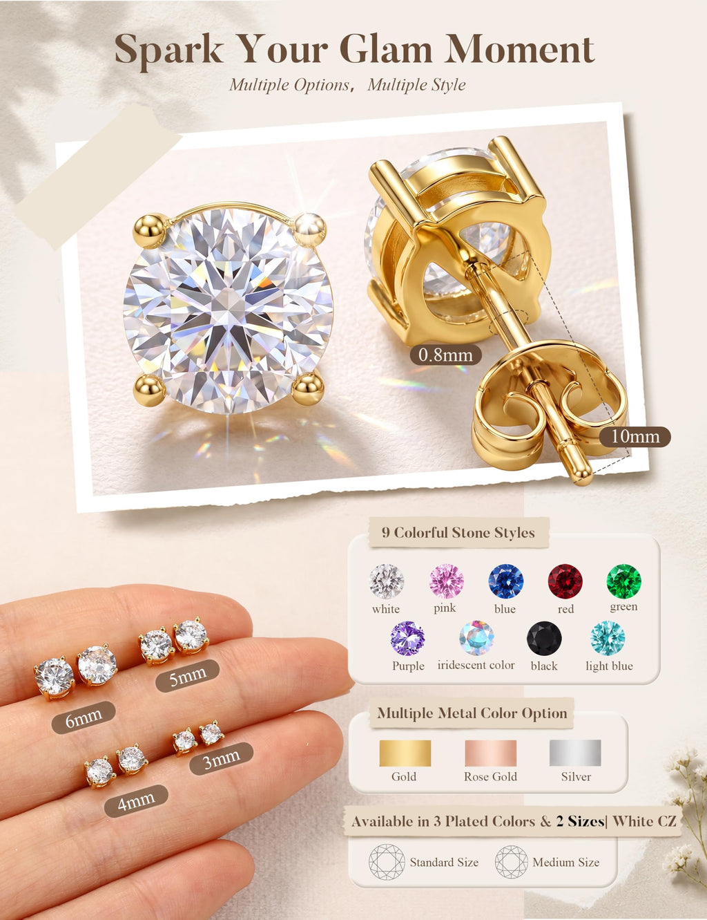 MILACOLATO S925 Sterling Silver Stud Earrings for Women Men Hypoallergenic 18K Gold Plated Cubic Zirconia Earrings Studs Brilliant Simulated Diamond Halo Earring for Sensitive Ears