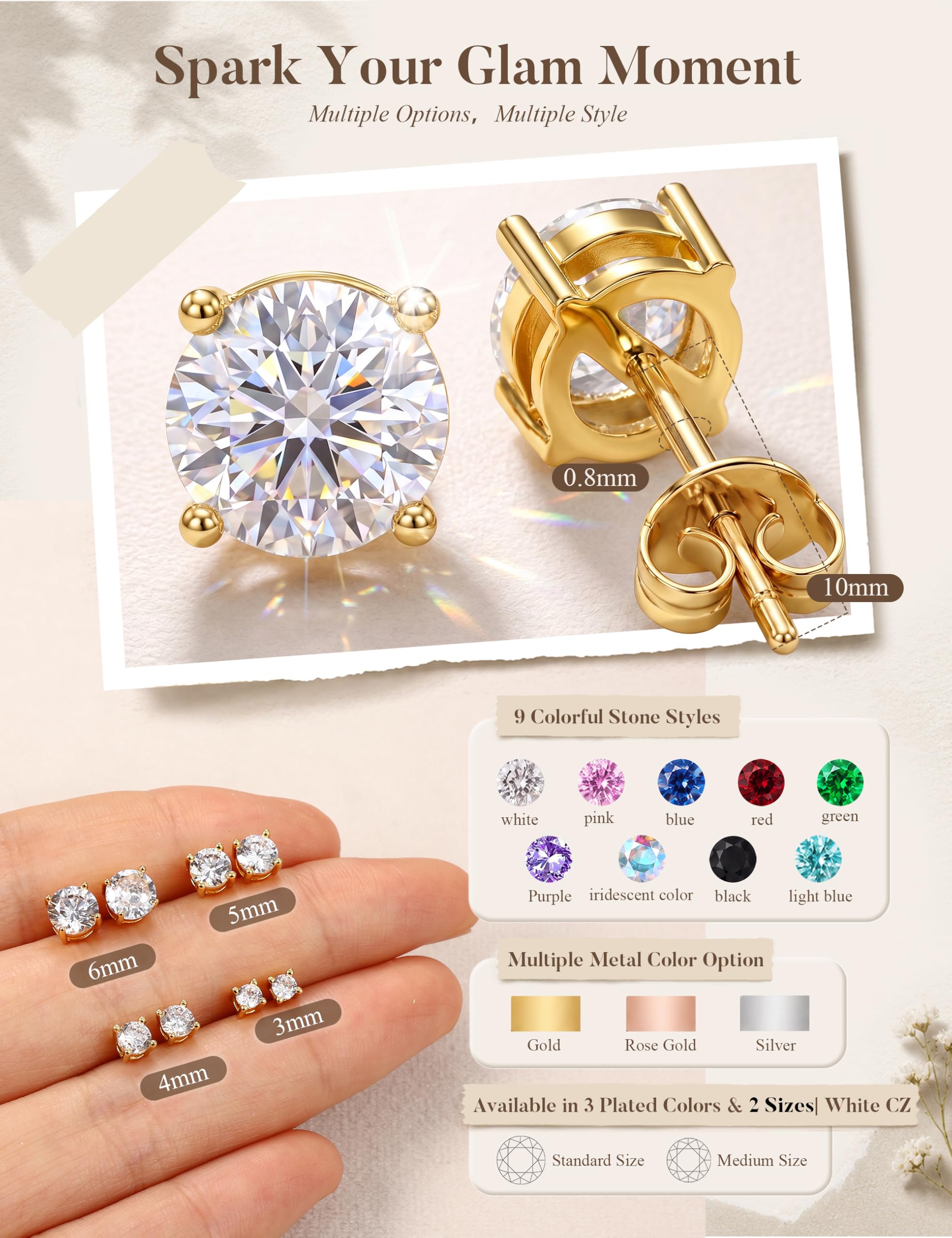 MILACOLATO S925 Sterling Silver Stud Earrings for Women Men Hypoallergenic 18K Gold Plated Cubic Zirconia Earrings Studs Brilliant Simulated Diamond Halo Earring for Sensitive Ears
