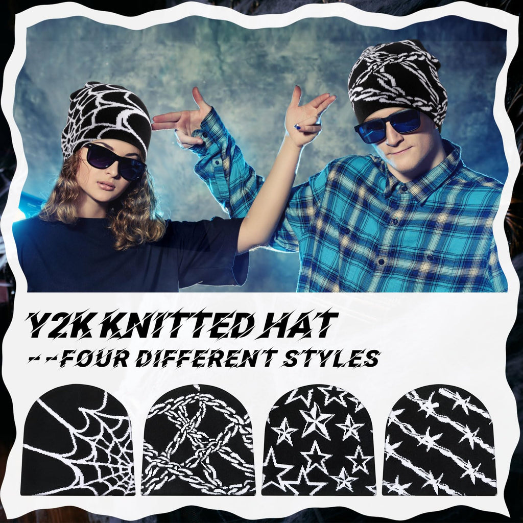 Ramede 4 Pcs Y2k Beanie - Double Sided Graphic Beanies for Men and Women, Acrylic Knitted Y2k Hats Accessories
