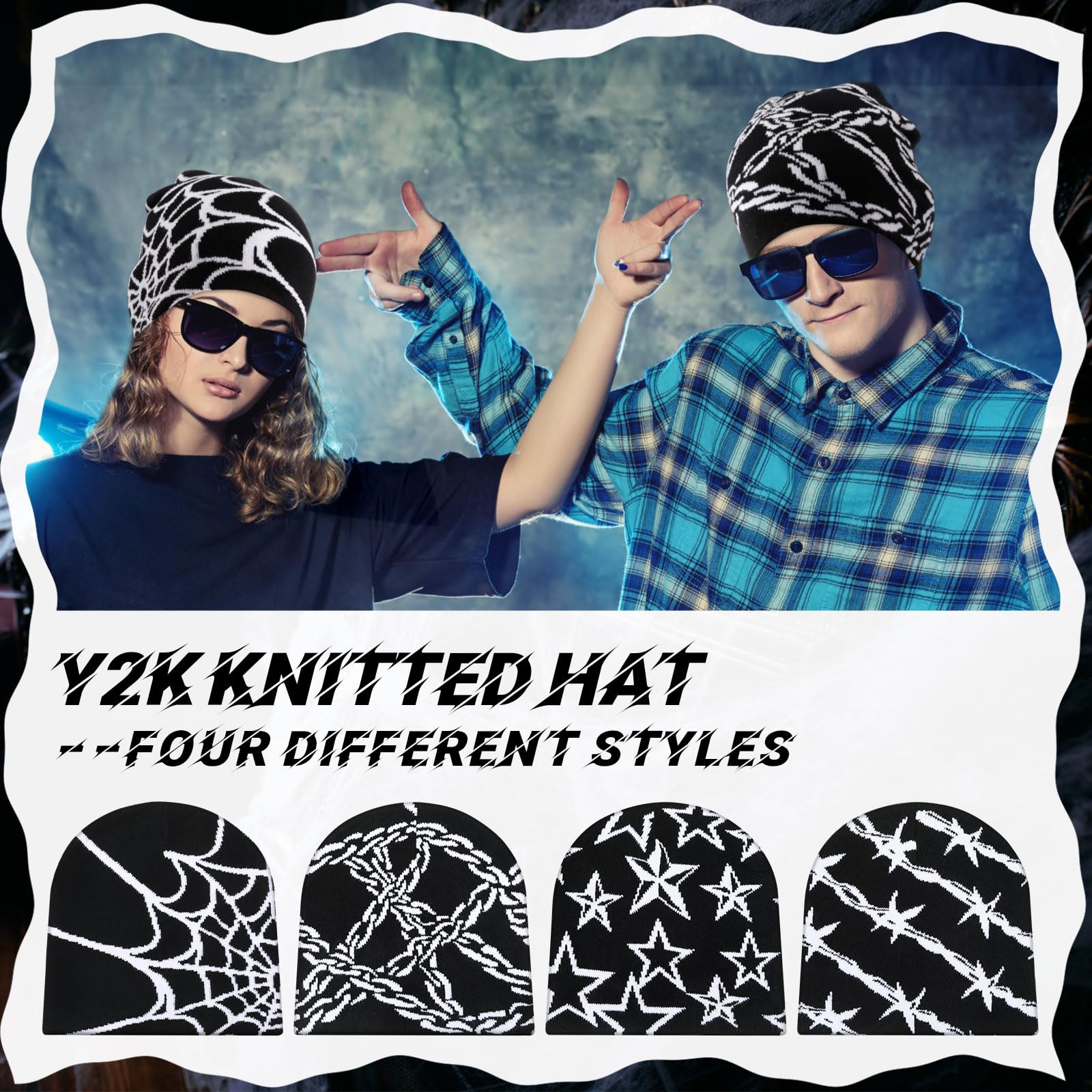 Ramede 4 Pcs Y2k Beanie - Double Sided Graphic Beanies for Men and Women, Acrylic Knitted Y2k Hats Accessories