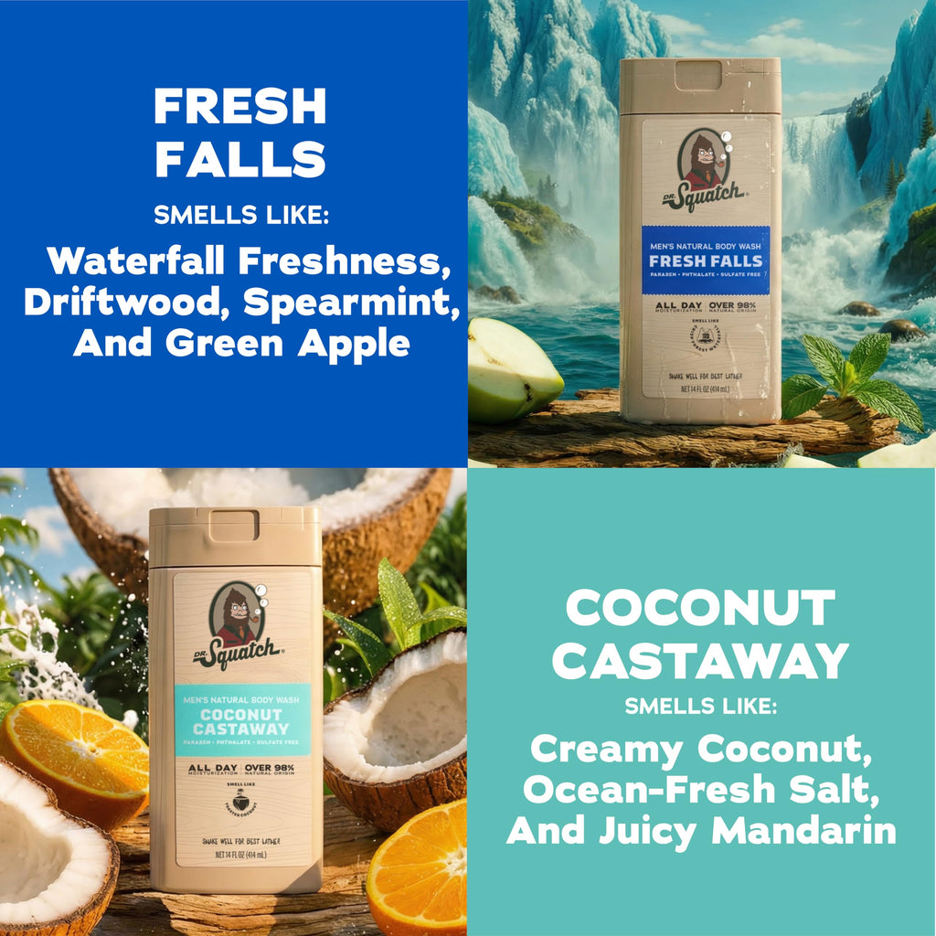 Dr. Squatch Natural Men's Body Wash Shower Gel - Cleansing, Nourishing, Long Lasting Scent, Moisturizing Body Wash for Men - Birchwood Breeze + Rainforest Rapids (14 oz, 2-Pack)