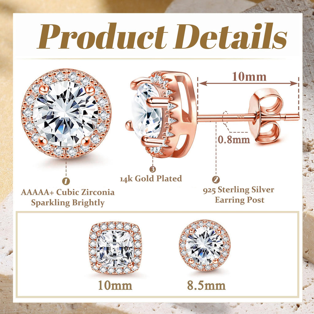 18K Gold Plated Halo Stud Earrings 925 Sterling Silver Cubic Zirconia Stud Earrings Round Square Diamonique Stud Earrings Set for Women Men