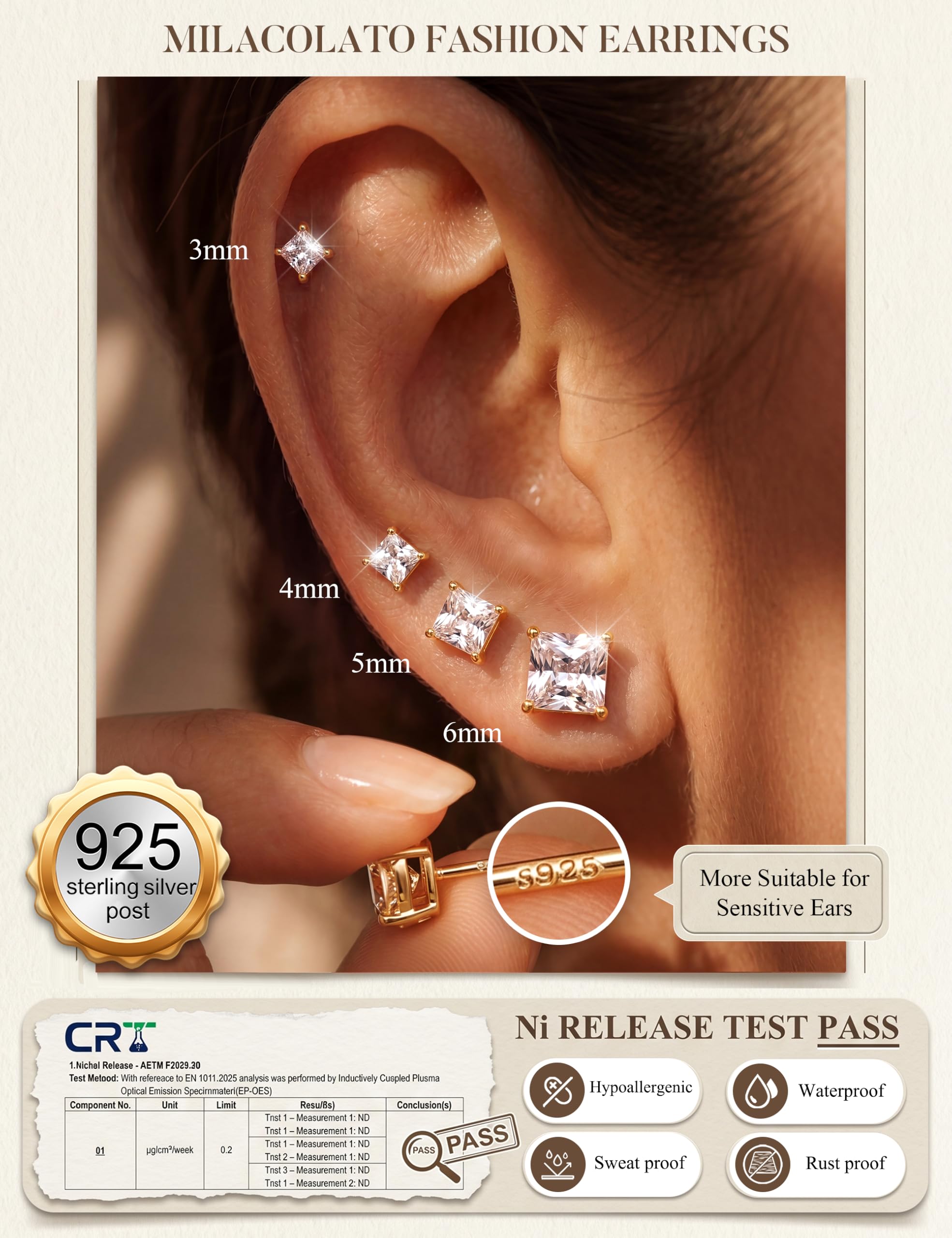MILACOLATO S925 Sterling Silver Stud Earrings for Women Men Hypoallergenic 18K Gold Plated Cubic Zirconia Earrings Studs Brilliant Simulated Diamond Halo Earring for Sensitive Ears