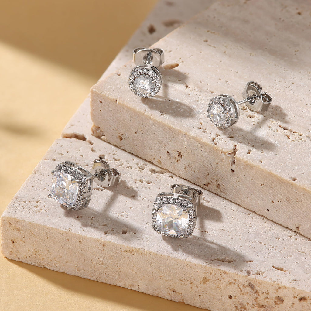 18K Gold Plated Halo Stud Earrings 925 Sterling Silver Cubic Zirconia Stud Earrings Round Square Diamonique Stud Earrings Set for Women Men