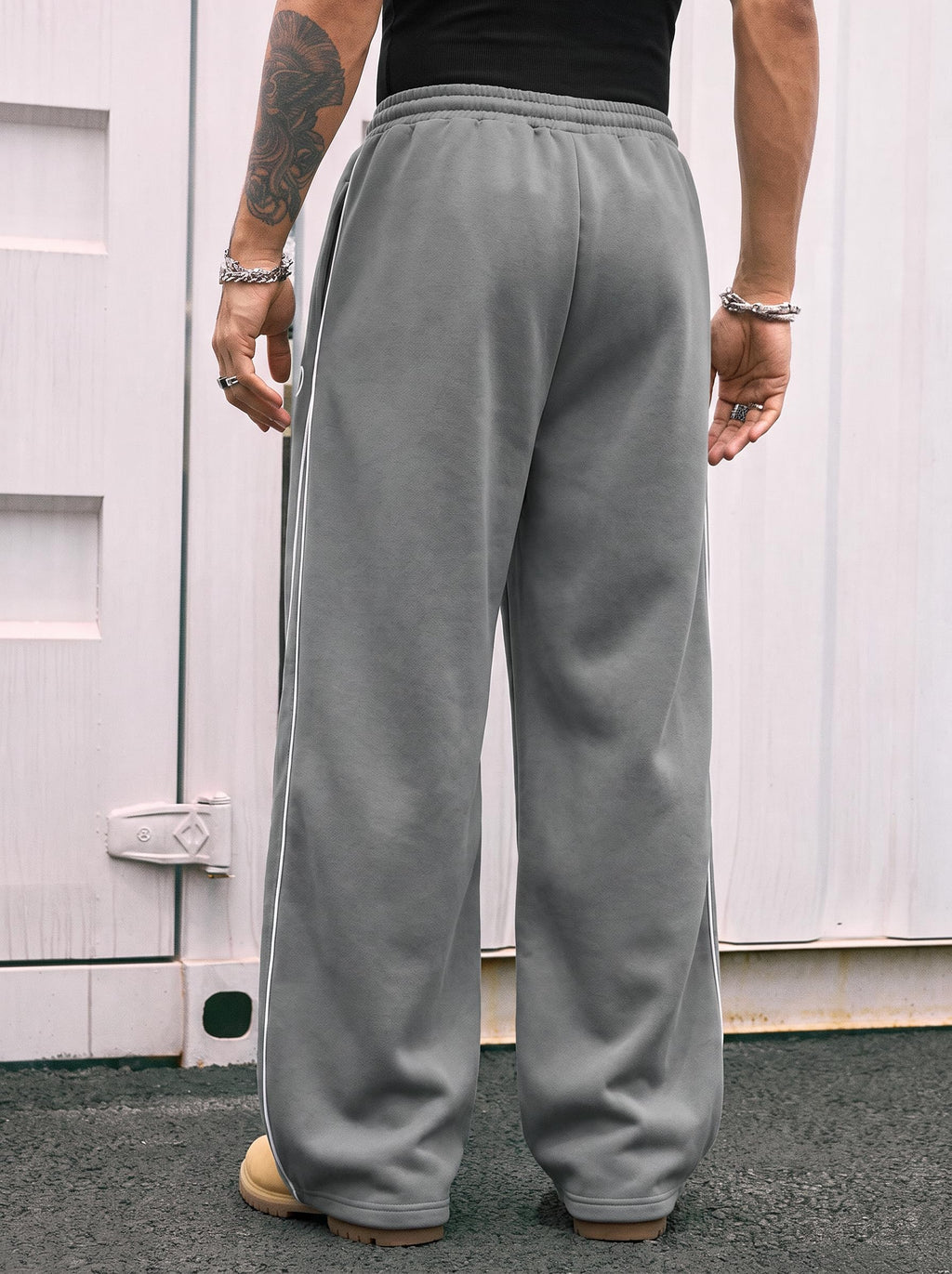 QJQ Men's Baggy Track Pants Casual Wide Leg Striped Side Sweatpants Drawstring Elastic Waist Y2k Streetwear