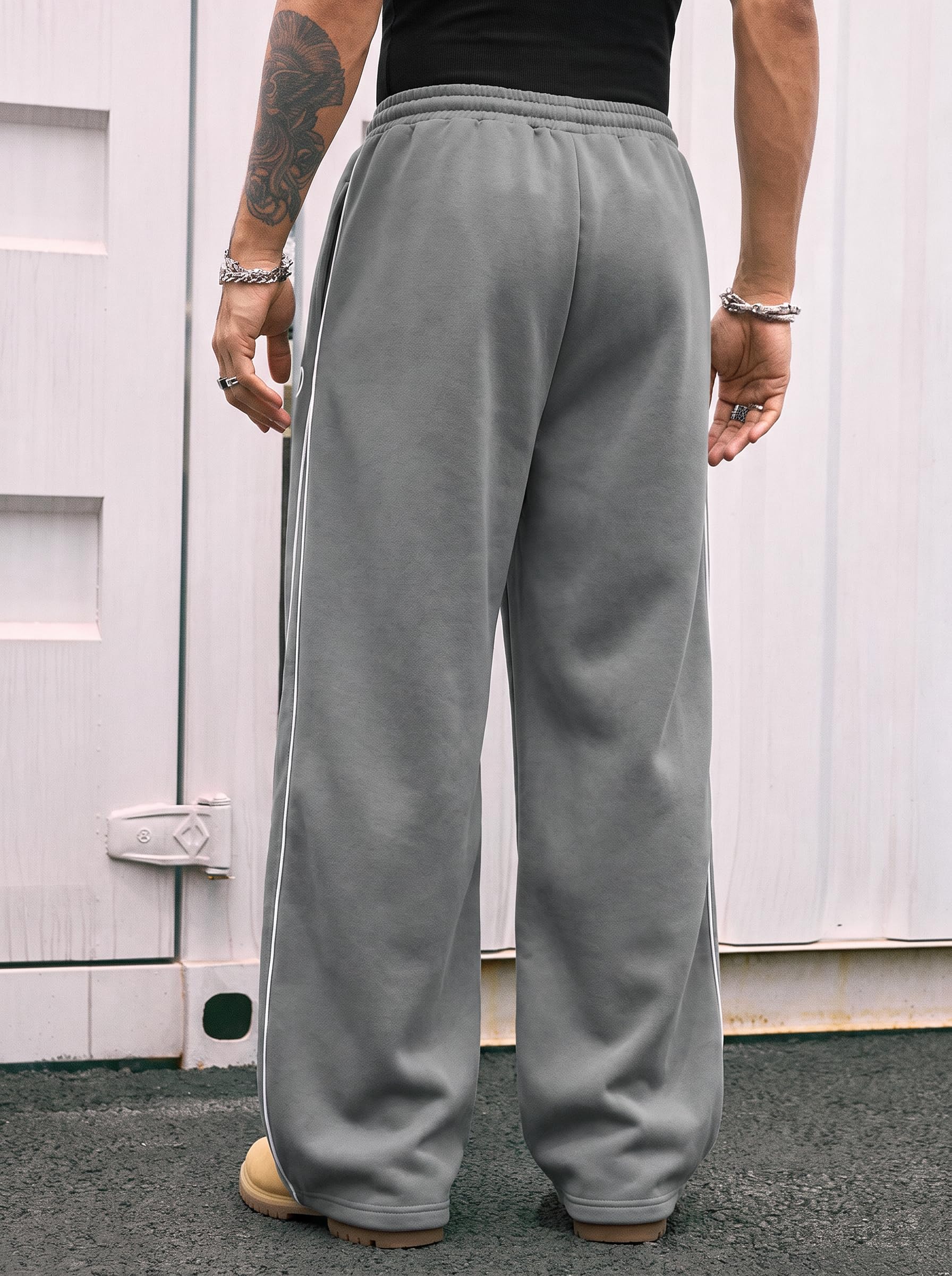 QJQ Men's Baggy Track Pants Casual Wide Leg Striped Side Sweatpants Drawstring Elastic Waist Y2k Streetwear