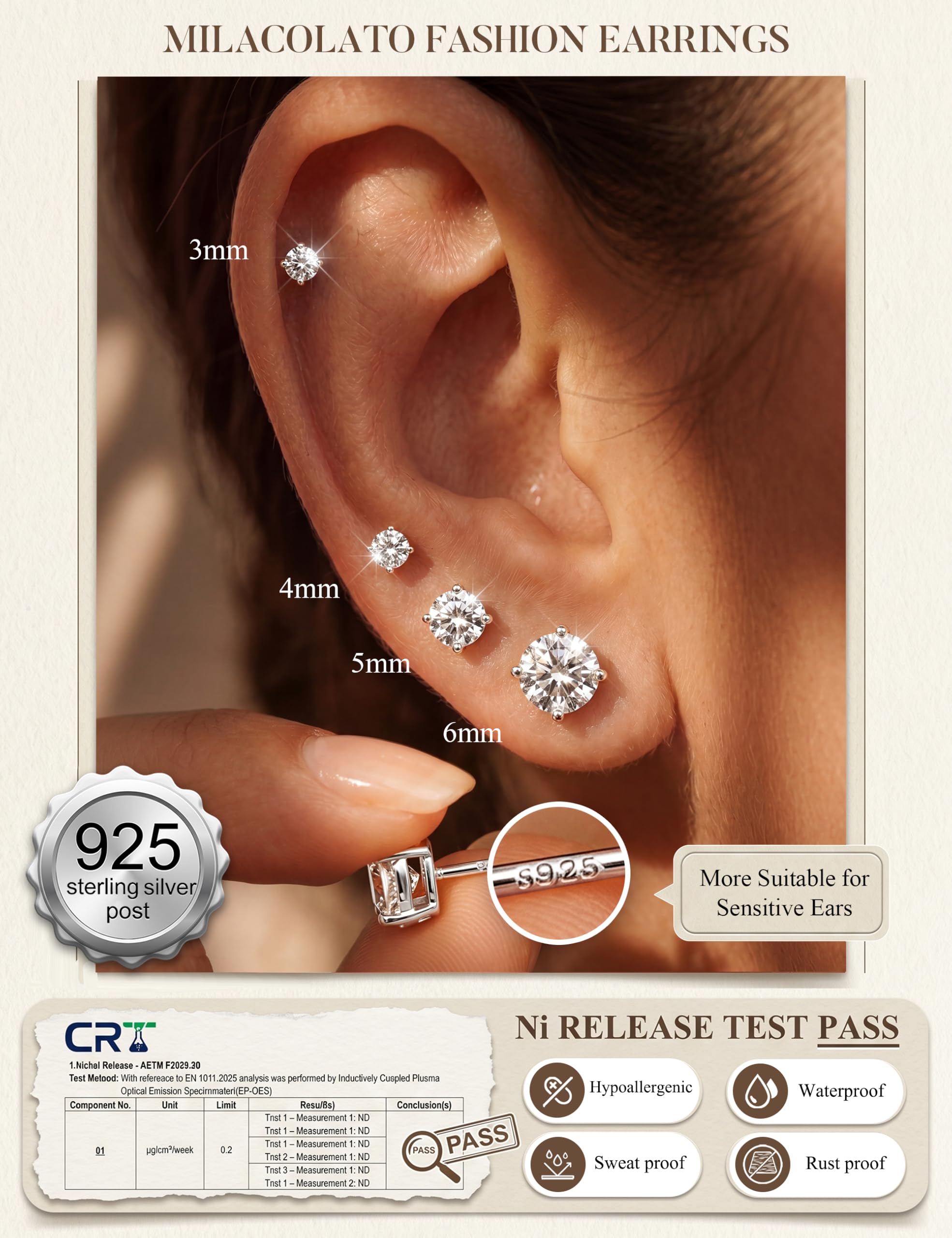 MILACOLATO S925 Sterling Silver Stud Earrings for Women Men Hypoallergenic 18K Gold Plated Cubic Zirconia Earrings Studs Brilliant Simulated Diamond Halo Earring for Sensitive Ears