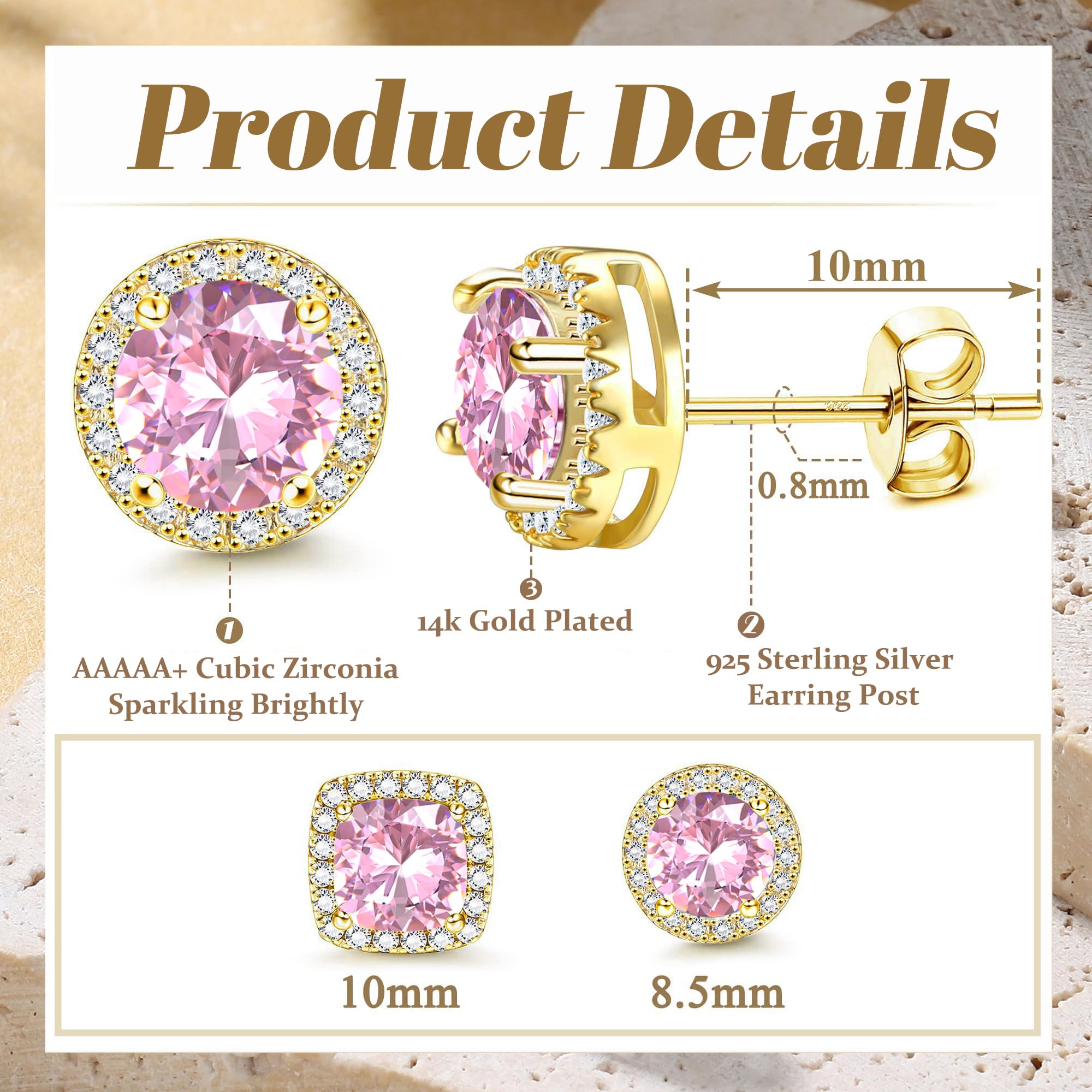 18K Gold Plated Halo Stud Earrings 925 Sterling Silver Cubic Zirconia Stud Earrings Round Square Diamonique Stud Earrings Set for Women Men
