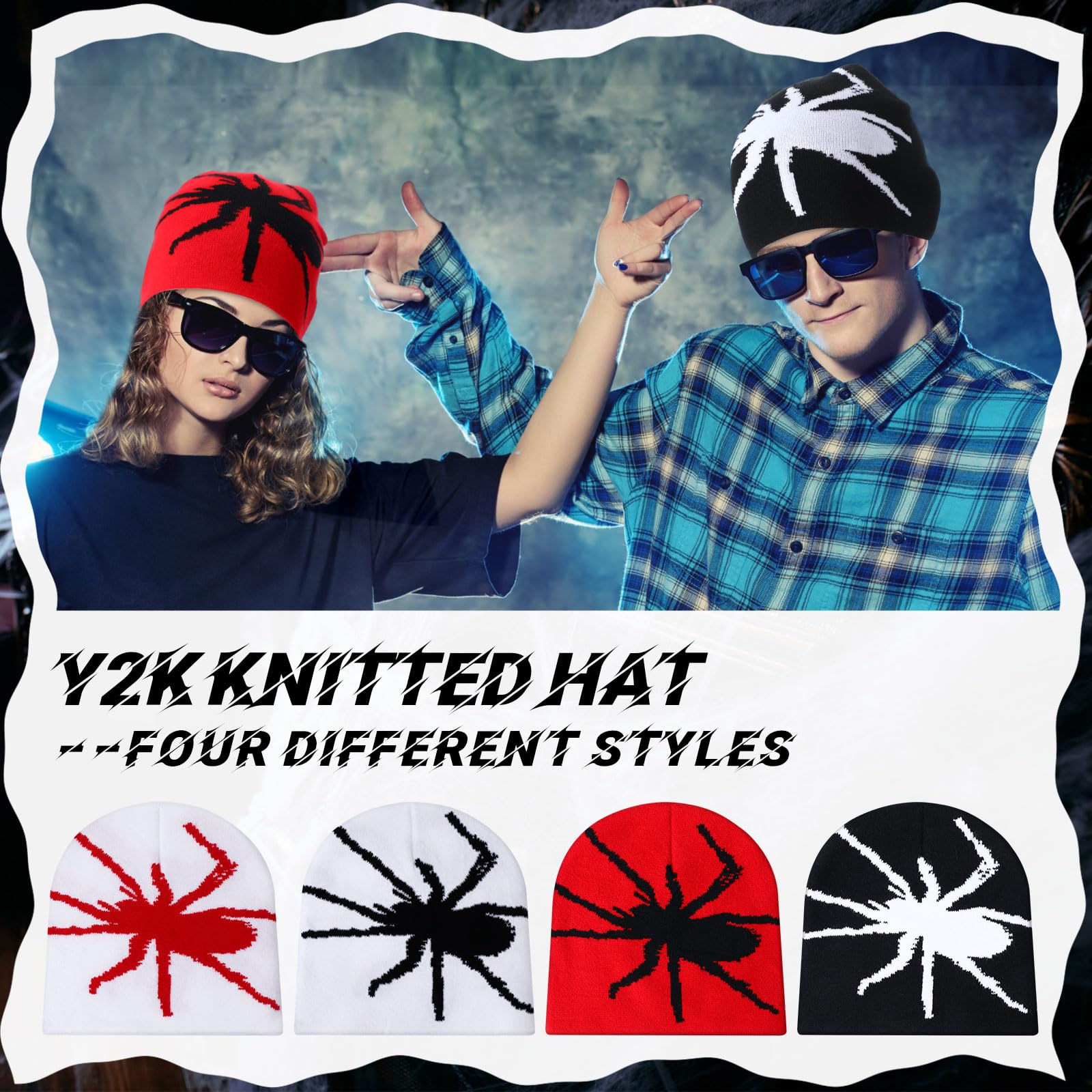 Ramede 4 Pcs Y2k Beanie - Double Sided Graphic Beanies for Men and Women, Acrylic Knitted Y2k Hats Accessories
