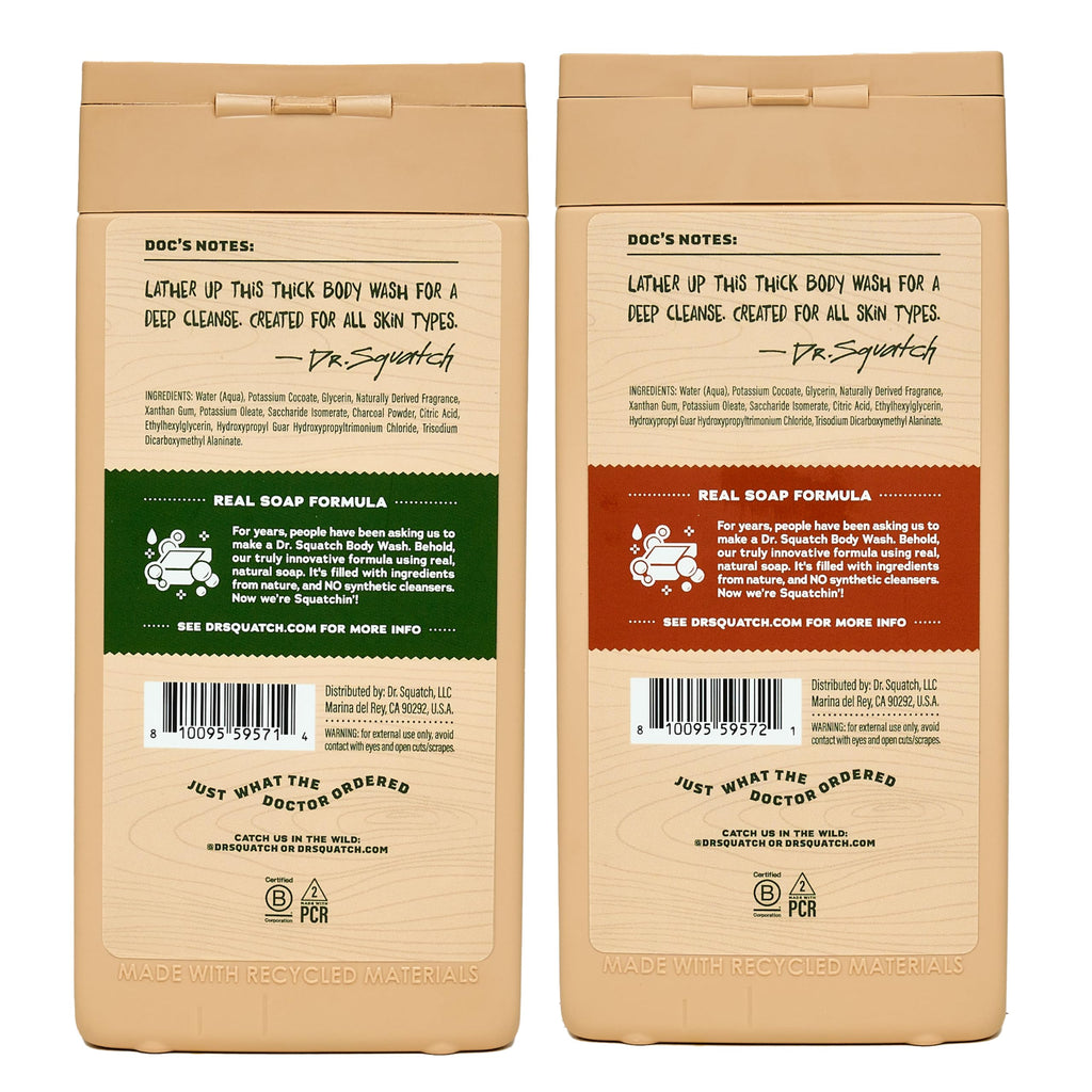 Dr. Squatch Natural Men's Body Wash Shower Gel - Cleansing, Nourishing, Long Lasting Scent, Moisturizing Body Wash for Men - Birchwood Breeze + Rainforest Rapids (14 oz, 2-Pack)