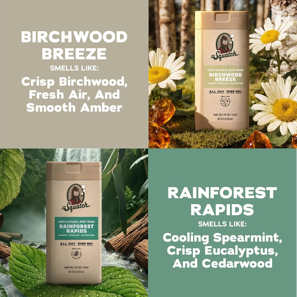 Dr. Squatch Natural Men's Body Wash Shower Gel - Cleansing, Nourishing, Long Lasting Scent, Moisturizing Body Wash for Men - Birchwood Breeze + Rainforest Rapids (14 oz, 2-Pack)