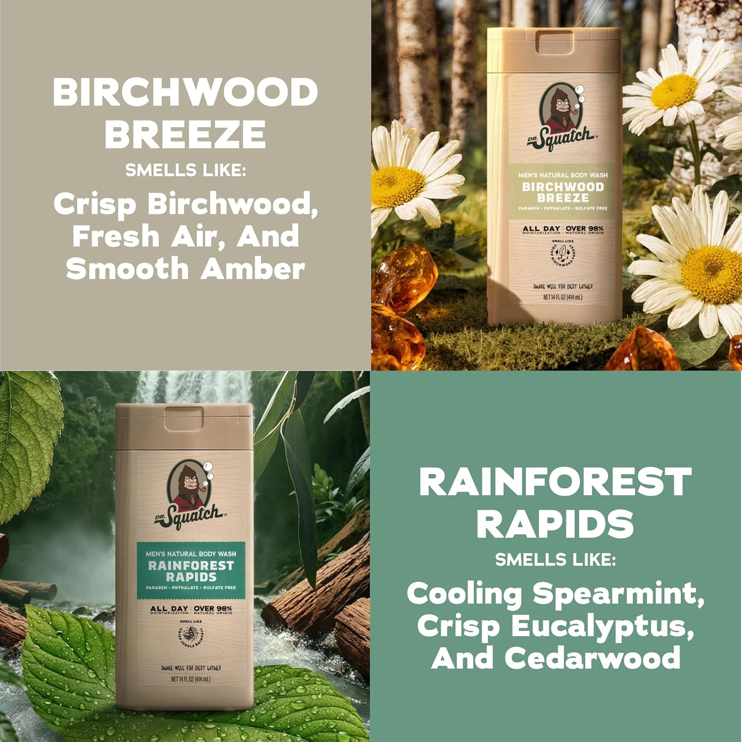 Dr. Squatch Natural Men's Body Wash Shower Gel - Cleansing, Nourishing, Long Lasting Scent, Moisturizing Body Wash for Men - Birchwood Breeze + Rainforest Rapids (14 oz, 2-Pack)
