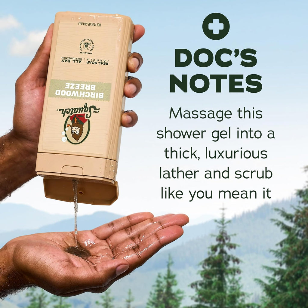Dr. Squatch Natural Men's Body Wash Shower Gel - Cleansing, Nourishing, Long Lasting Scent, Moisturizing Body Wash for Men - Birchwood Breeze + Rainforest Rapids (14 oz, 2-Pack)