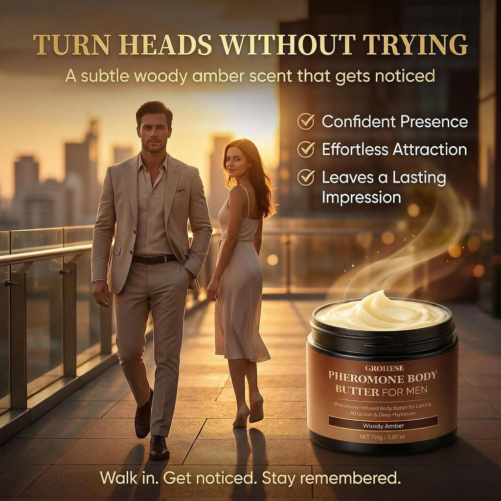 Pheromone Body Butter Men, Mens Skin Cream, Cologne-Inspired Fragrance Moisturizer with Shea Butter, Cocoa Butter & Coconut Oil, Non-Greasy Hydrating Body Cream - Woody Amber