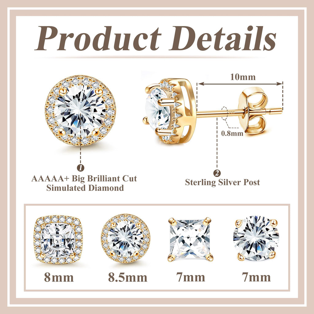 MILACOLATO S925 Sterling Silver Stud Earrings for Women Men Hypoallergenic 18K Gold Plated Cubic Zirconia Earrings Studs Brilliant Simulated Diamond Halo Earring for Sensitive Ears