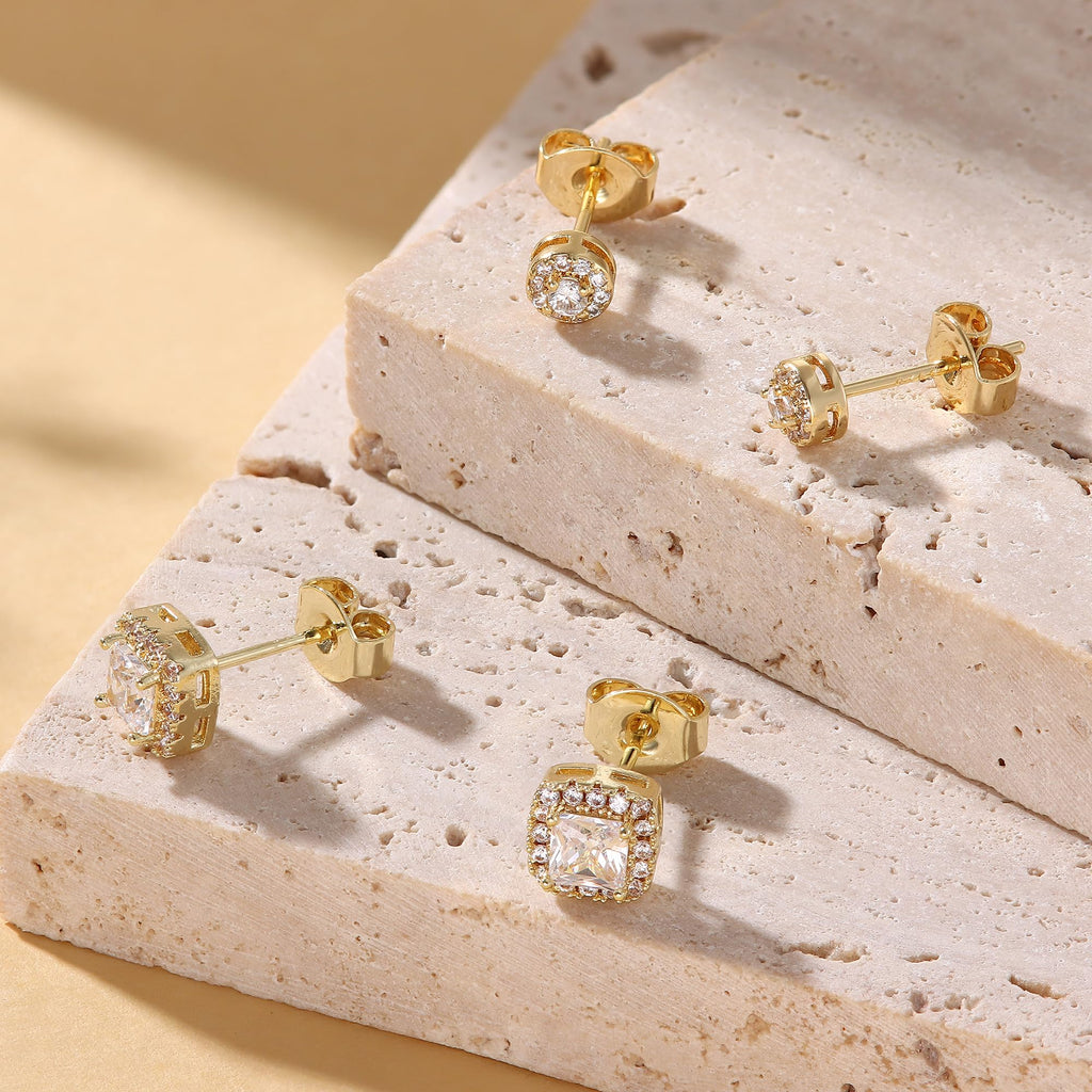 18K Gold Plated Halo Stud Earrings 925 Sterling Silver Cubic Zirconia Stud Earrings Round Square Diamonique Stud Earrings Set for Women Men