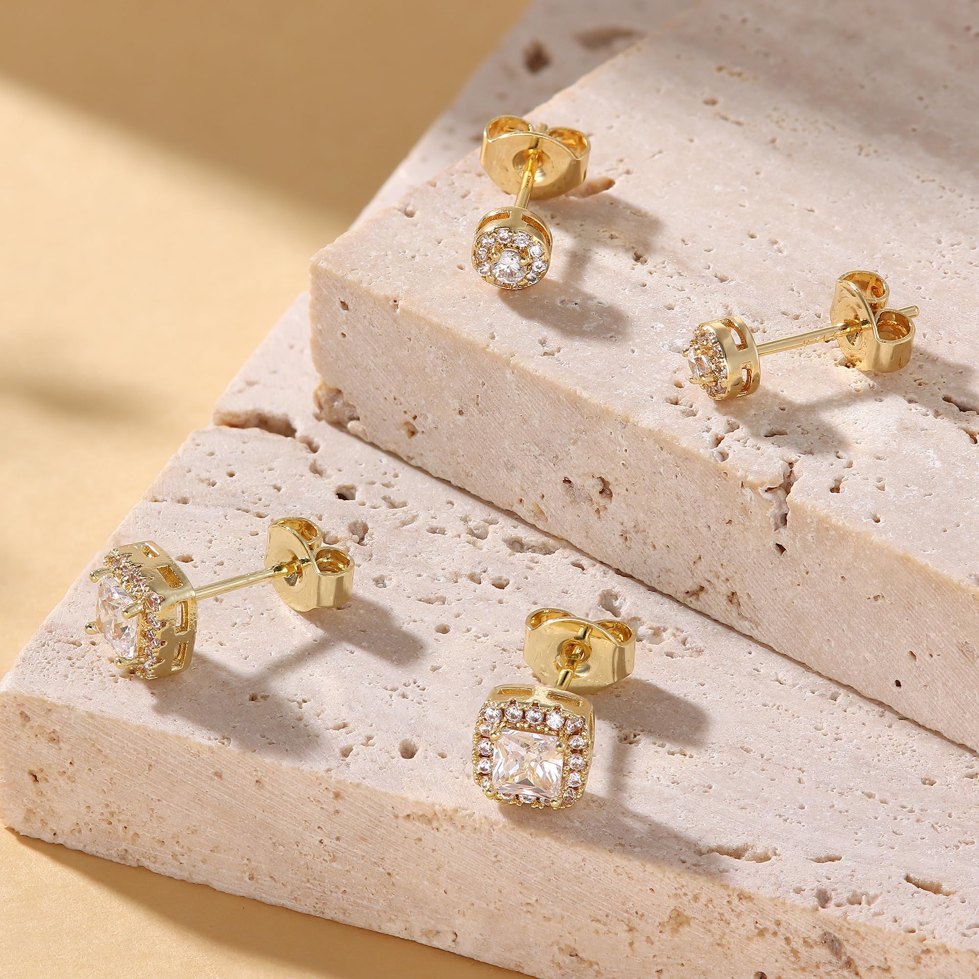 18K Gold Plated Halo Stud Earrings 925 Sterling Silver Cubic Zirconia Stud Earrings Round Square Diamonique Stud Earrings Set for Women Men