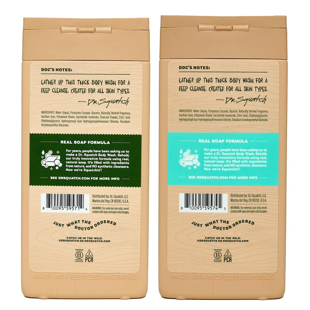 Dr. Squatch Natural Men's Body Wash Shower Gel - Cleansing, Nourishing, Long Lasting Scent, Moisturizing Body Wash for Men - Birchwood Breeze + Rainforest Rapids (14 oz, 2-Pack)