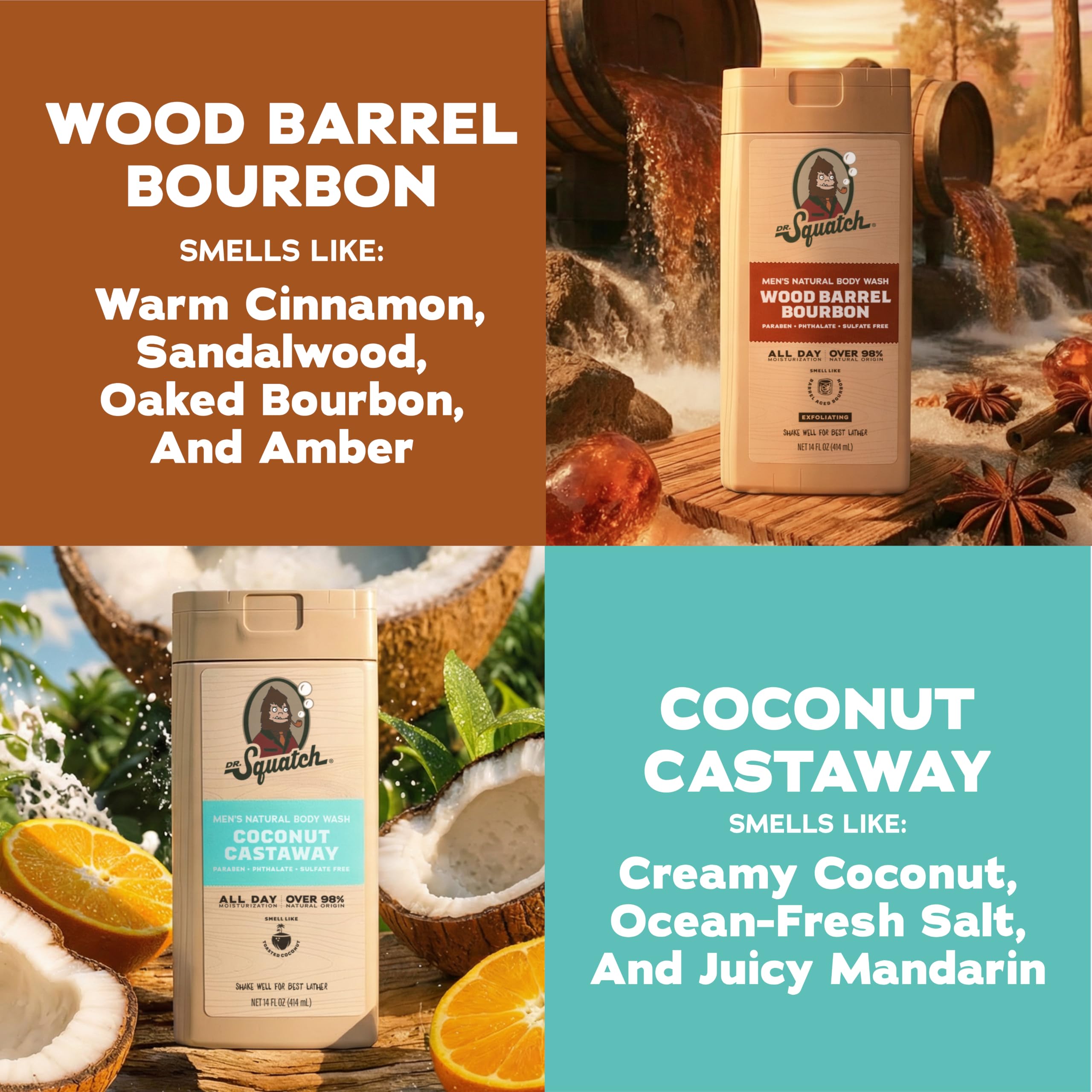 Dr. Squatch Natural Men's Body Wash Shower Gel - Cleansing, Nourishing, Long Lasting Scent, Moisturizing Body Wash for Men - Birchwood Breeze + Rainforest Rapids (14 oz, 2-Pack)