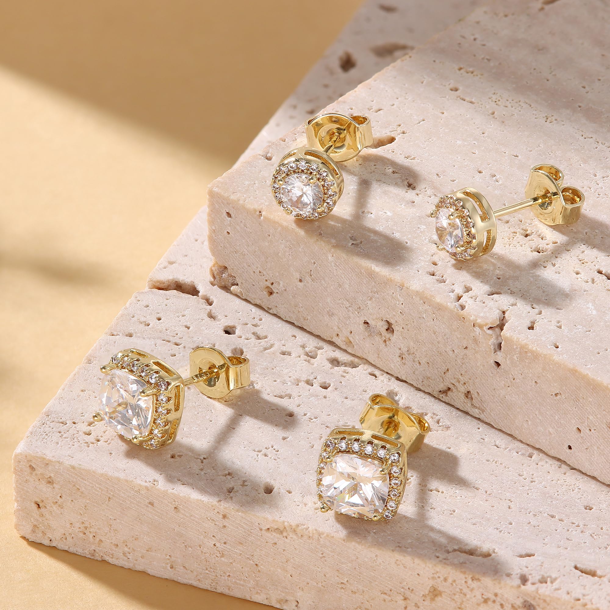 18K Gold Plated Halo Stud Earrings 925 Sterling Silver Cubic Zirconia Stud Earrings Round Square Diamonique Stud Earrings Set for Women Men