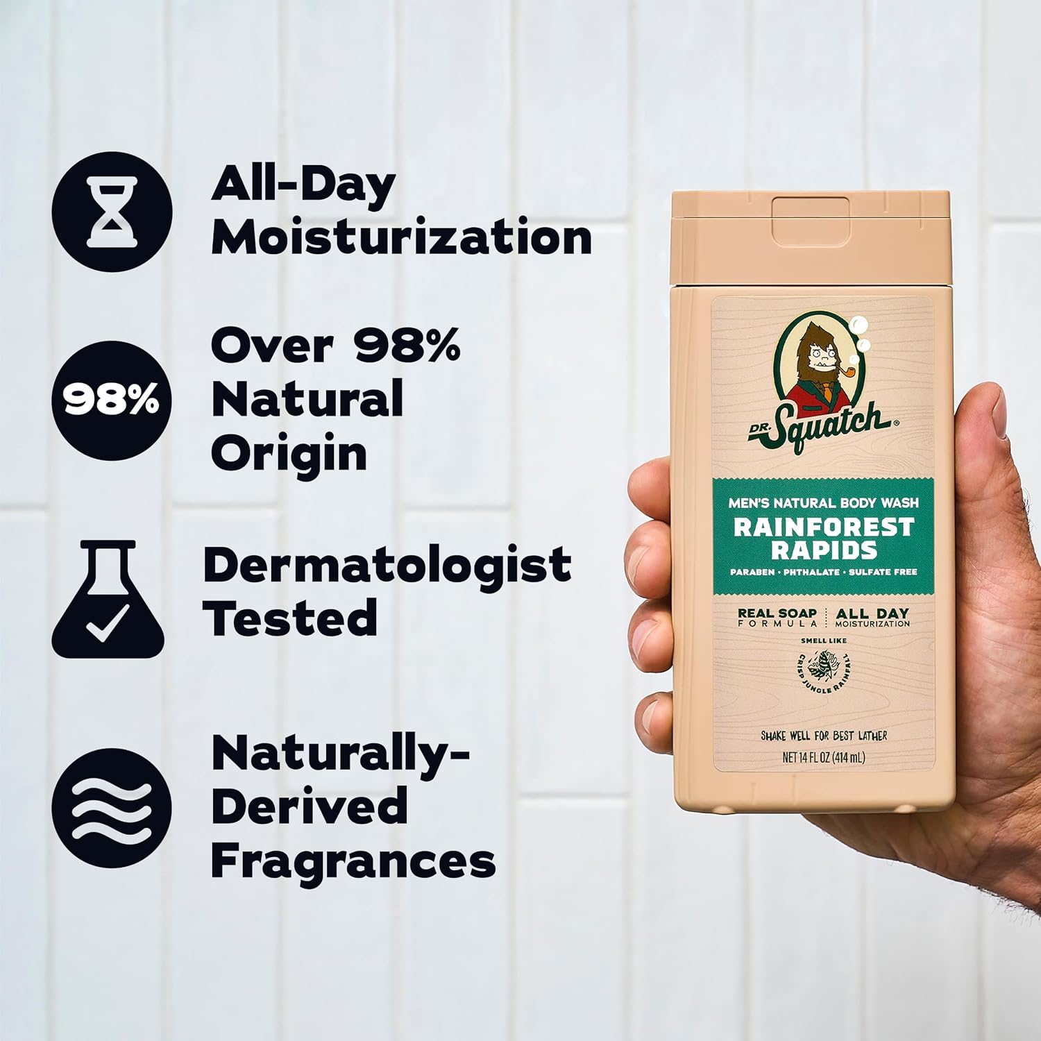 Dr. Squatch Natural Men's Body Wash Shower Gel - Cleansing, Nourishing, Long Lasting Scent, Moisturizing Body Wash for Men - Birchwood Breeze + Rainforest Rapids (14 oz, 2-Pack)