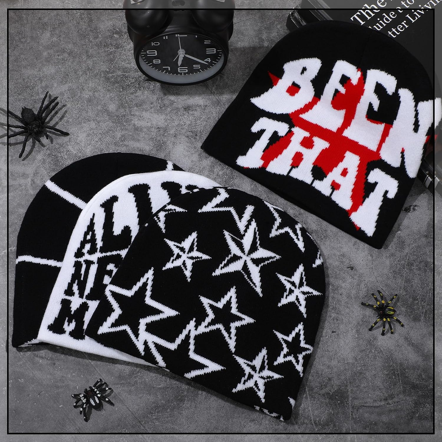 Ramede 4 Pcs Y2k Beanie - Double Sided Graphic Beanies for Men and Women, Acrylic Knitted Y2k Hats Accessories