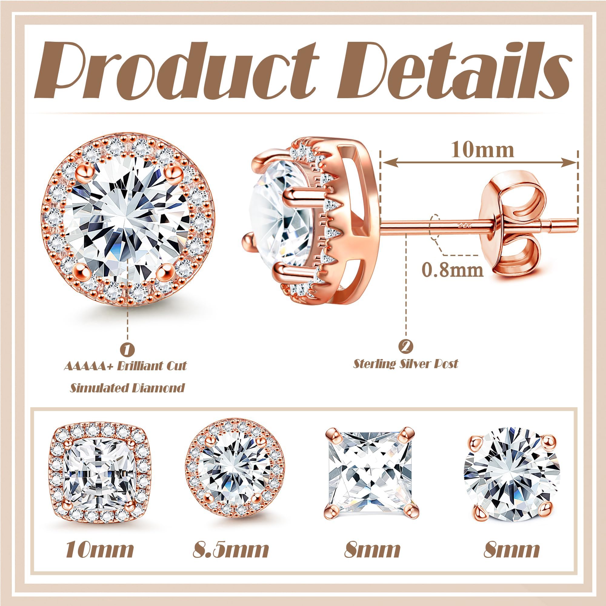 MILACOLATO S925 Sterling Silver Stud Earrings for Women Men Hypoallergenic 18K Gold Plated Cubic Zirconia Earrings Studs Brilliant Simulated Diamond Halo Earring for Sensitive Ears