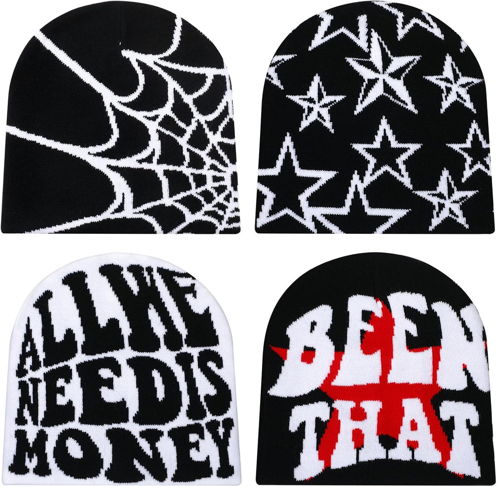 Ramede 4 Pcs Y2k Beanie - Double Sided Graphic Beanies for Men and Women, Acrylic Knitted Y2k Hats Accessories