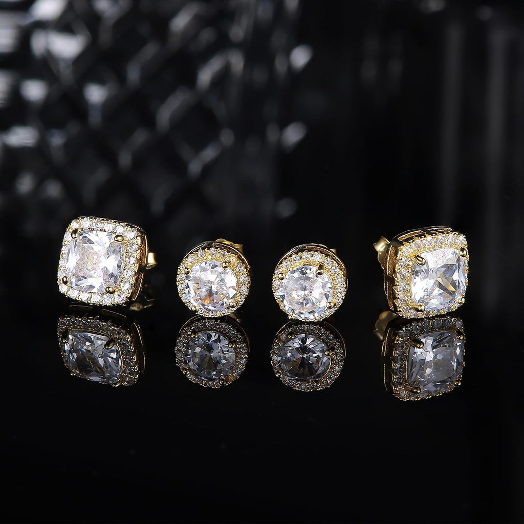 18K Gold Plated Halo Stud Earrings 925 Sterling Silver Cubic Zirconia Stud Earrings Round Square Diamonique Stud Earrings Set for Women Men