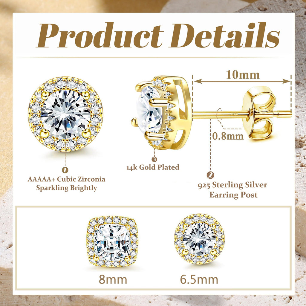 18K Gold Plated Halo Stud Earrings 925 Sterling Silver Cubic Zirconia Stud Earrings Round Square Diamonique Stud Earrings Set for Women Men