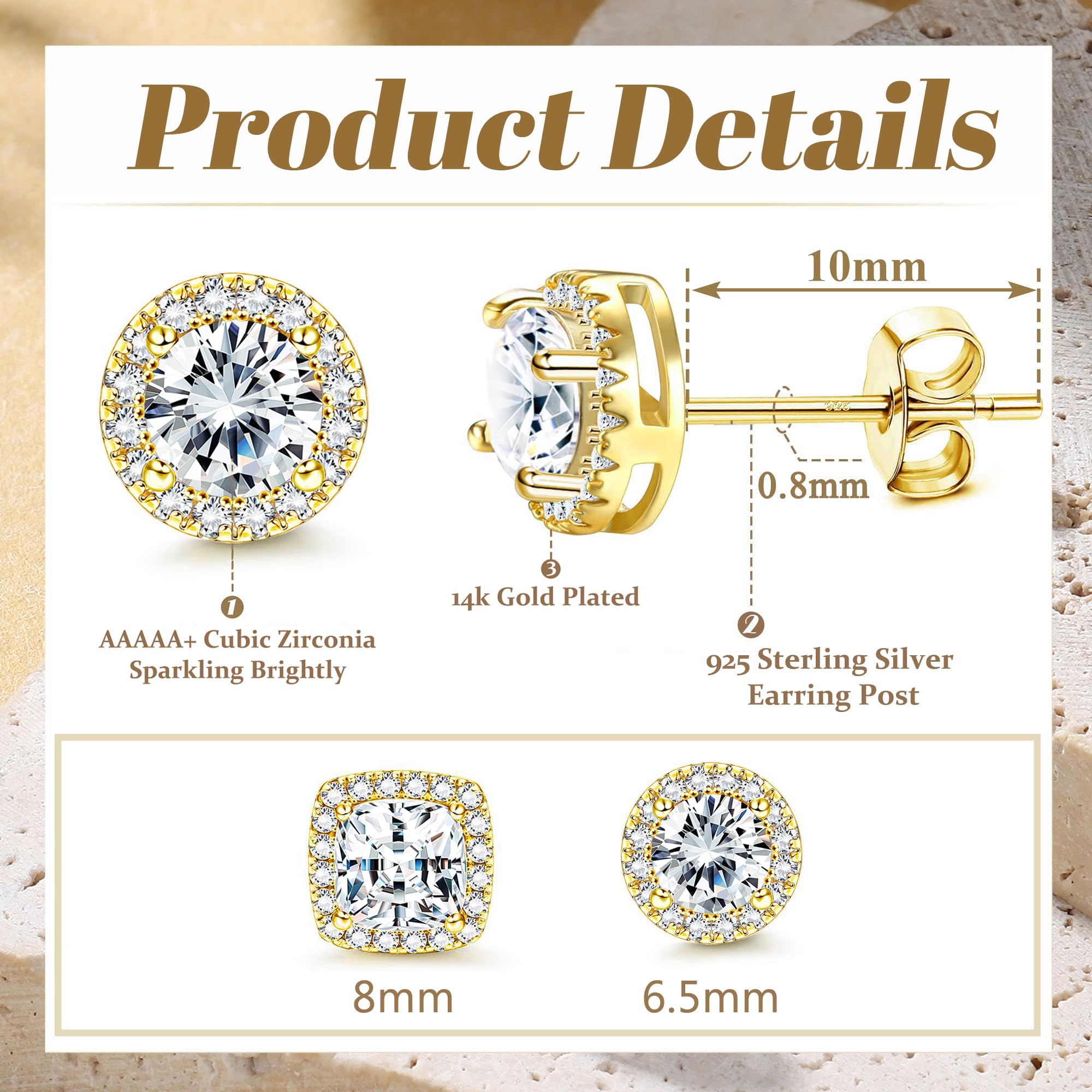 18K Gold Plated Halo Stud Earrings 925 Sterling Silver Cubic Zirconia Stud Earrings Round Square Diamonique Stud Earrings Set for Women Men
